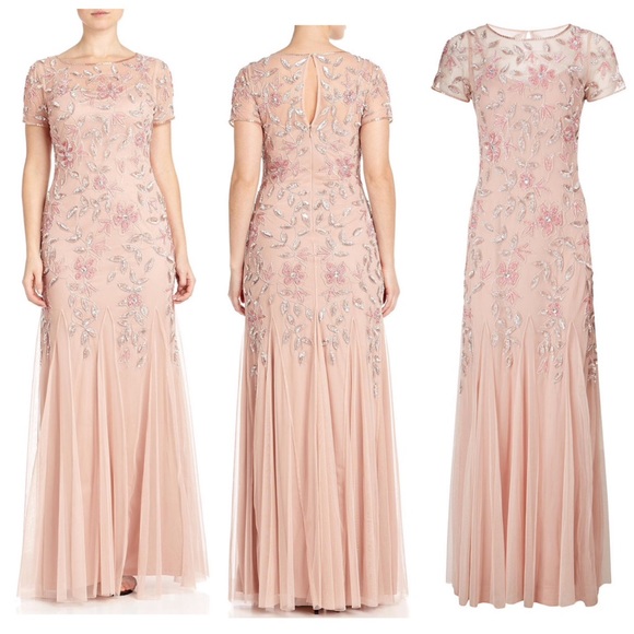 Adrianna Papell beaded short sleeve pink floral gown - Picture 6 of 15